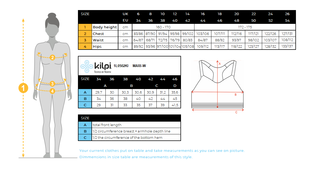 DONNAil reggiseno sportivo di Kilpi MARI-W – Size chart