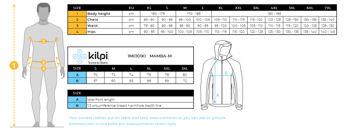 Men's waterproof hardshell jacket Kilpi MAMBA-M – Size chart