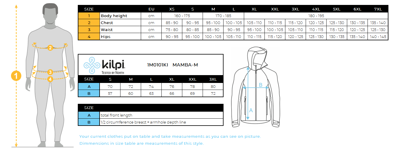 Men's waterproof hardshell jacket Kilpi MAMBA-M – Size chart