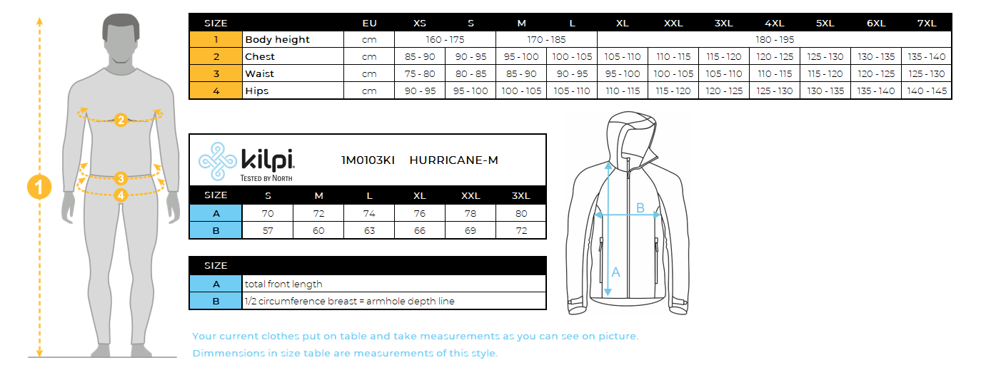 UOMOla giacca impermeabile di Kilpi HURRICANE-M – Size chart