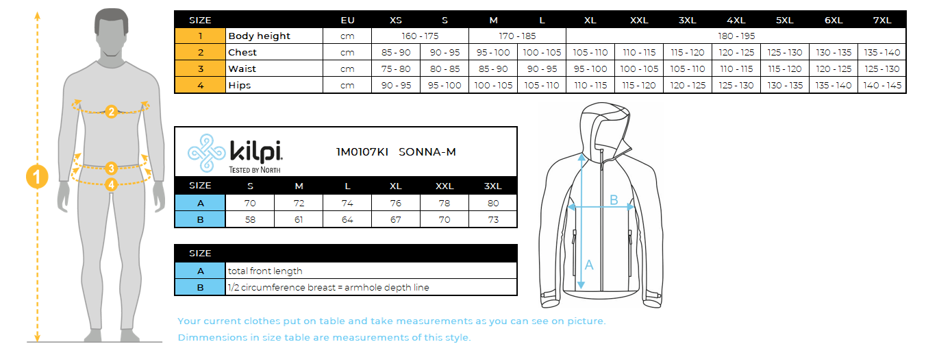 UOMOla giacca da esterno Kilpi SONNA-M – Size chart