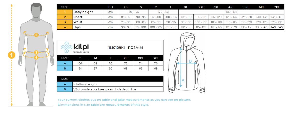 UOMOla giacca antivento leggera di Kilpi ROSA-M – Size chart