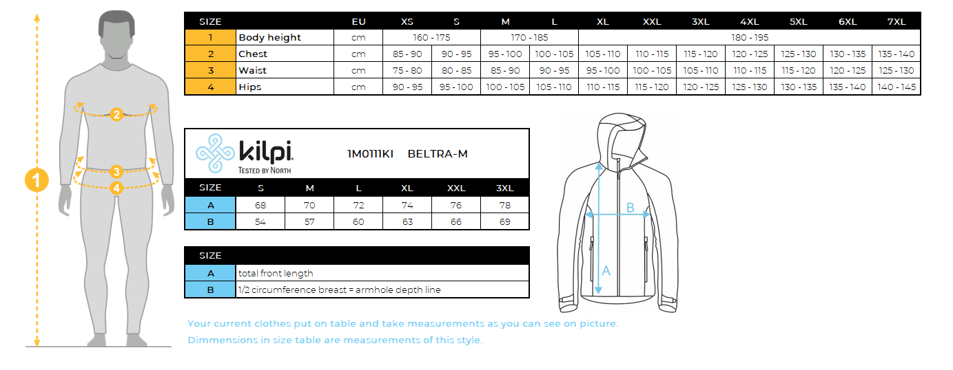 UOMOla giacca softshell di Kilpi BELTRA-M – Size chart