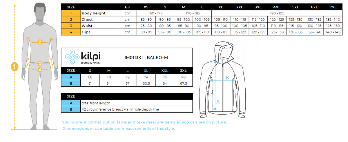 UOMOLa giacca da corsa softshell di Kilpi BALEO-M – Size chart