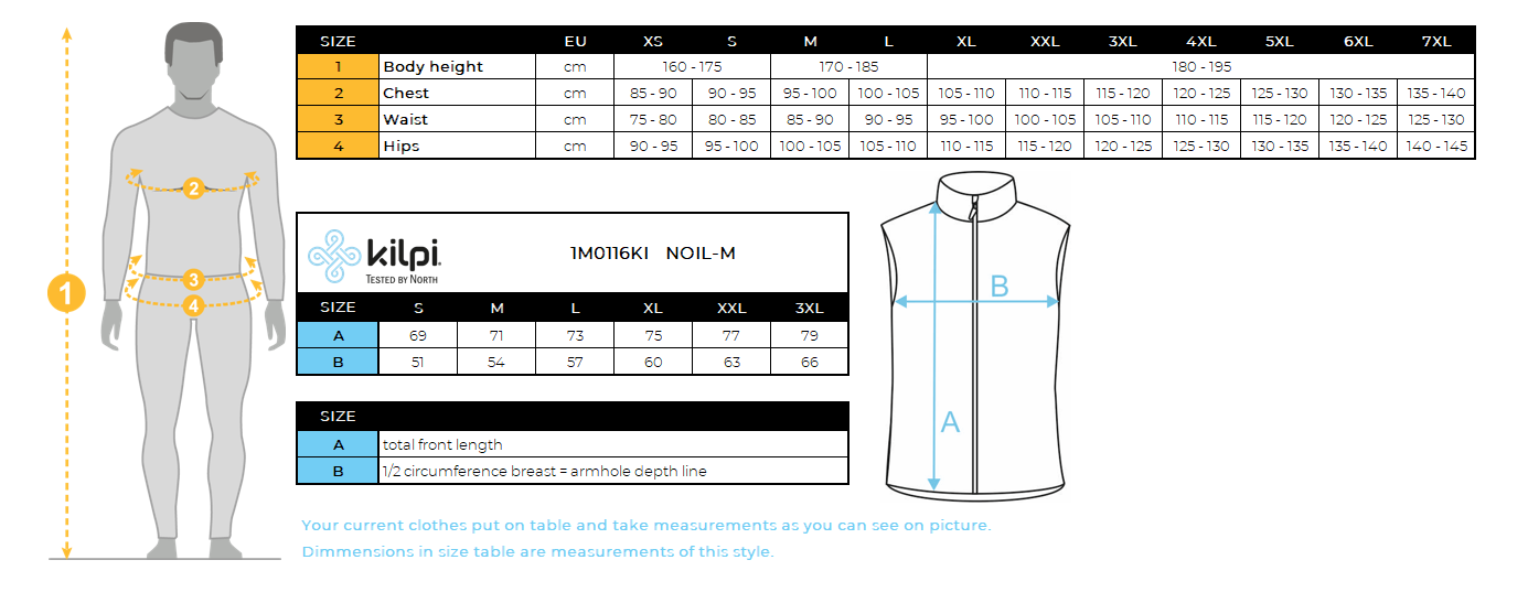 Men's softshell vest Kilpi NOIL-M – Size chart