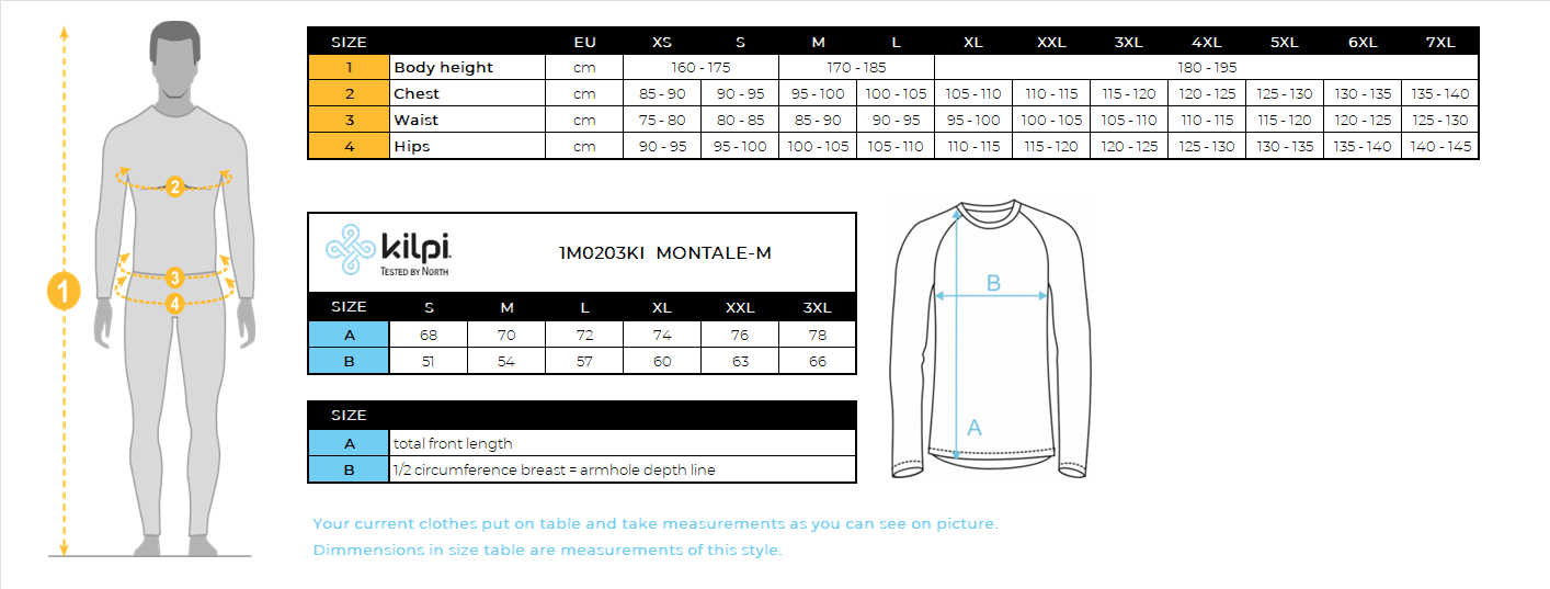 UOMOla felpa sportiva di Kilpi MONTALE-M – Size chart