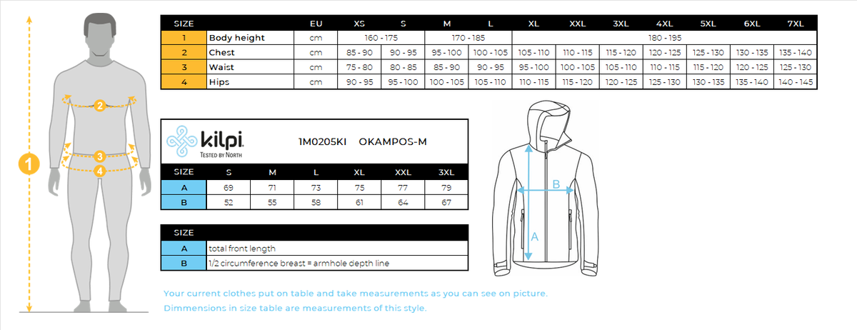 Felpa con cappuccio in cotone per uno stile attivo Kilpi OKAMPOS-M – Size chart