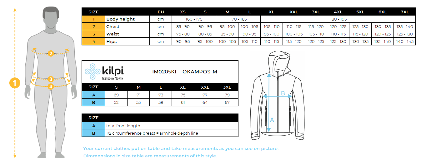 Felpa con cappuccio in cotone per uno stile attivo Kilpi OKAMPOS-M – Size chart