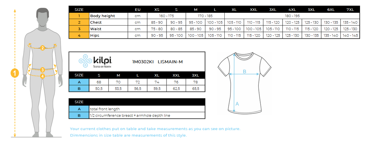 UOMOla maglietta da esterno di Kilpi LISMAIN-M – Size chart