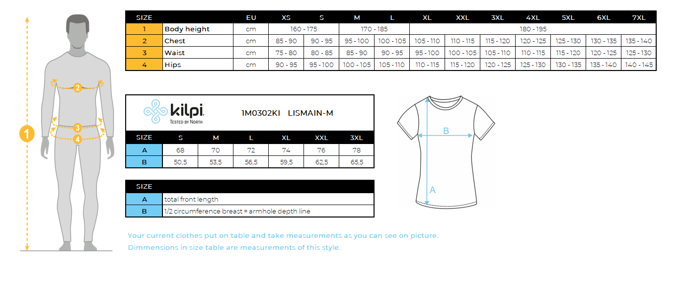 UOMOla maglietta da esterno di Kilpi LISMAIN-M – Size chart