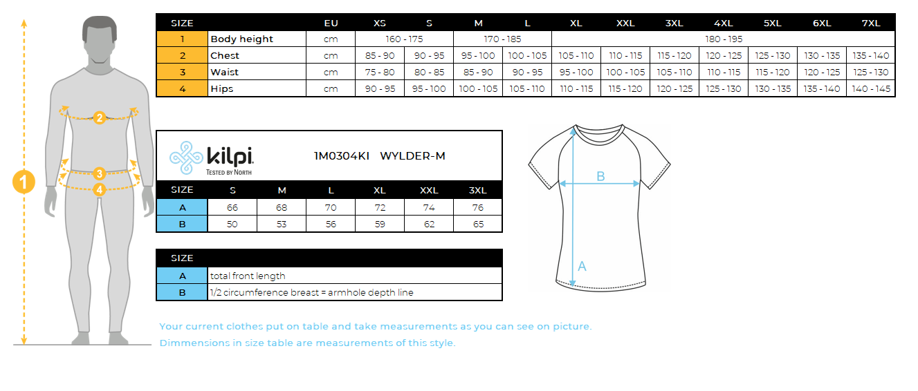 Men's functional T-shirt Kilpi WYLDER-M – Size chart