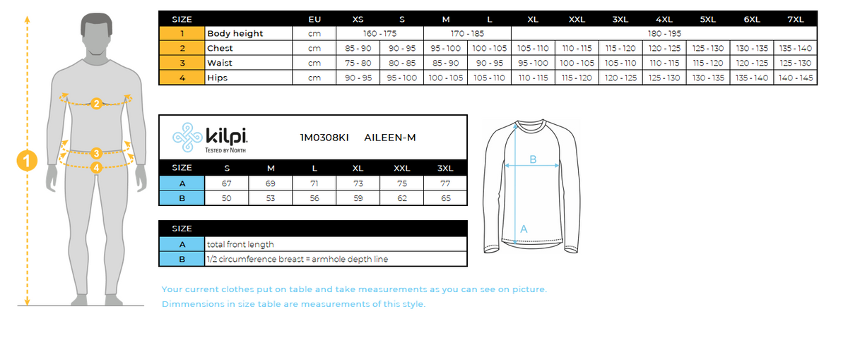 UOMOla giacca da corsa Kilpi AILEEN-M – Size chart