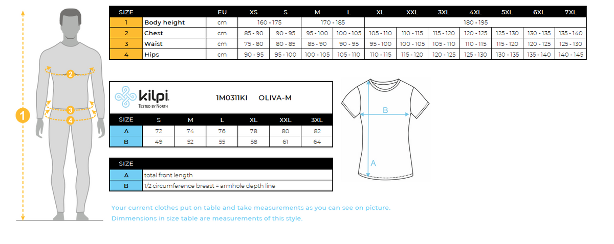 Men's functional polo shirt Kilpi OLIVA-M – Size chart