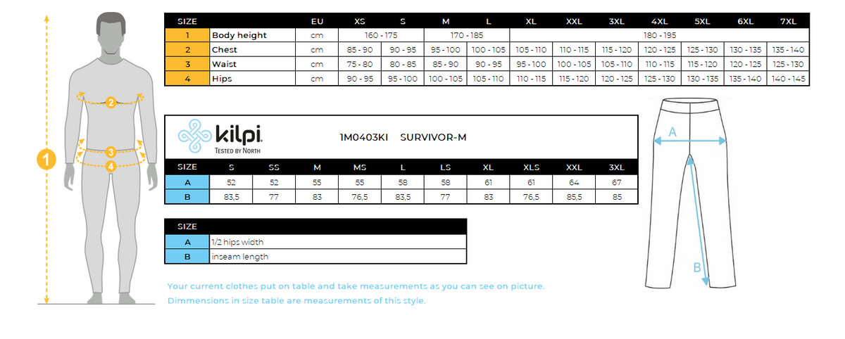 UOMOi pantaloni da esterno Kilpi SURVIVOR-M – Size chart