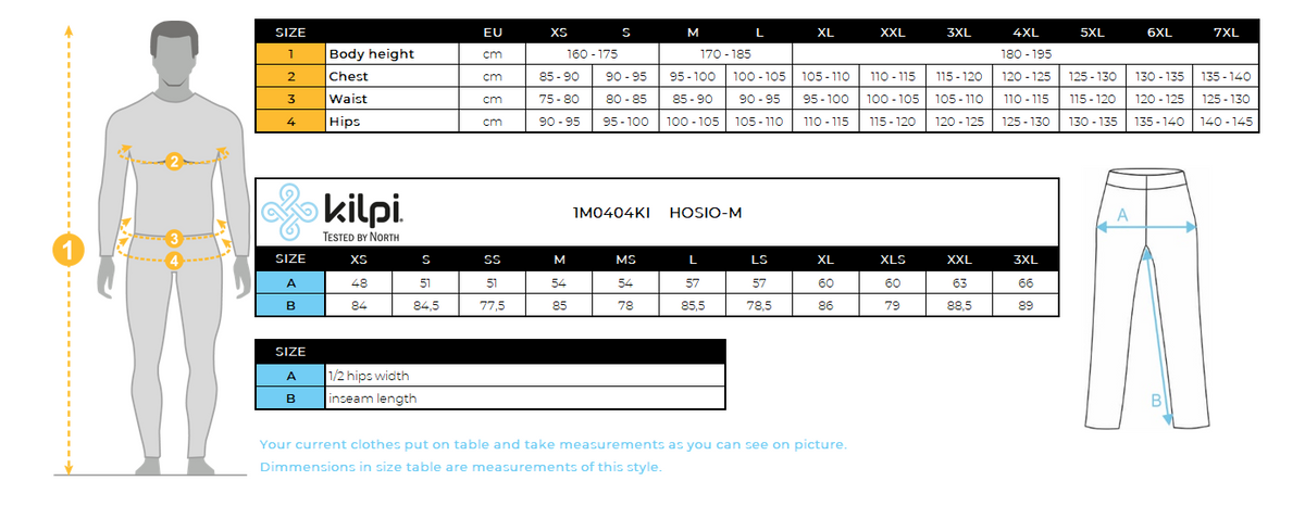 Men's outdoor pants 2 in 1 Kilpi HOSIO-M – Size chart