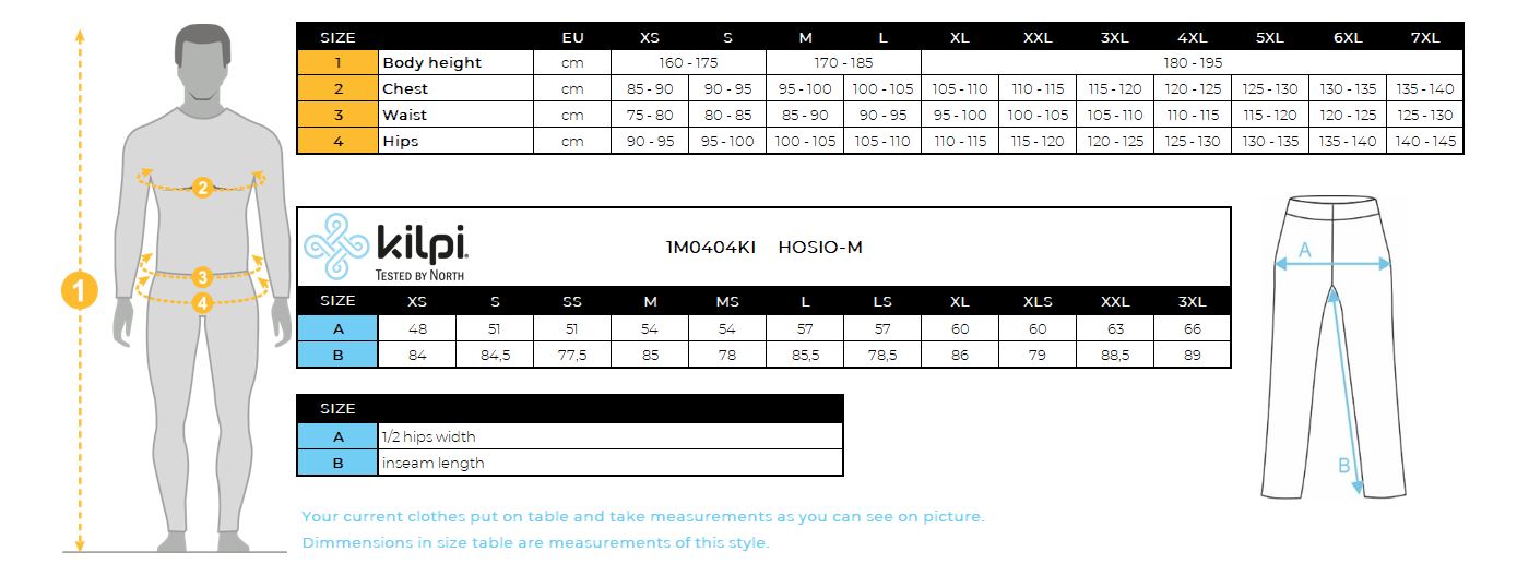 Men's outdoor pants 2 in 1 Kilpi HOSIO-M – Size chart