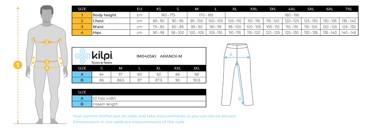 UOMOi pantaloni da esterno Kilpi ARANDI-M – Size chart