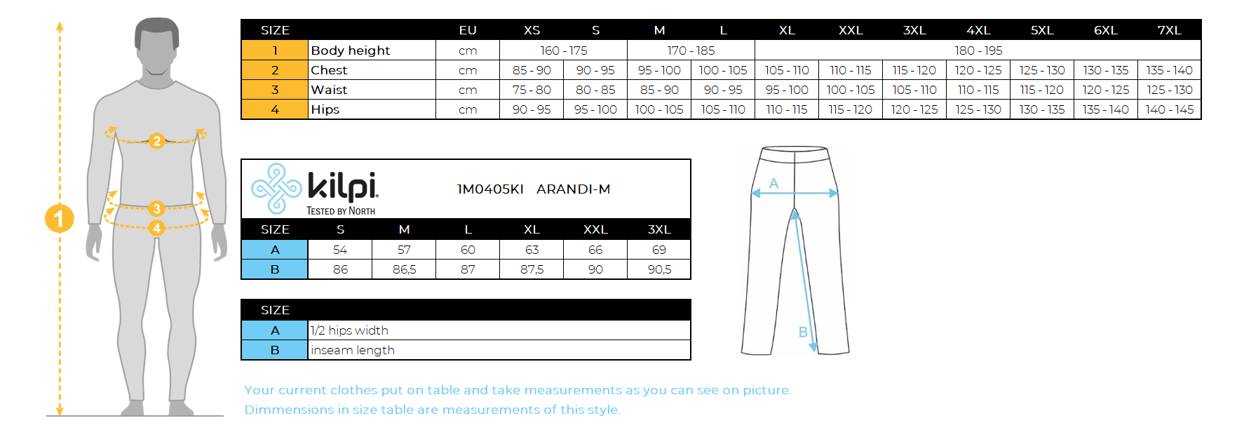 UOMOi pantaloni da esterno Kilpi ARANDI-M – Size chart