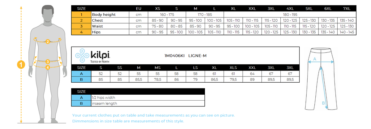 UOMOi pantaloni da esterno Kilpi LIGNE-M – Size chart