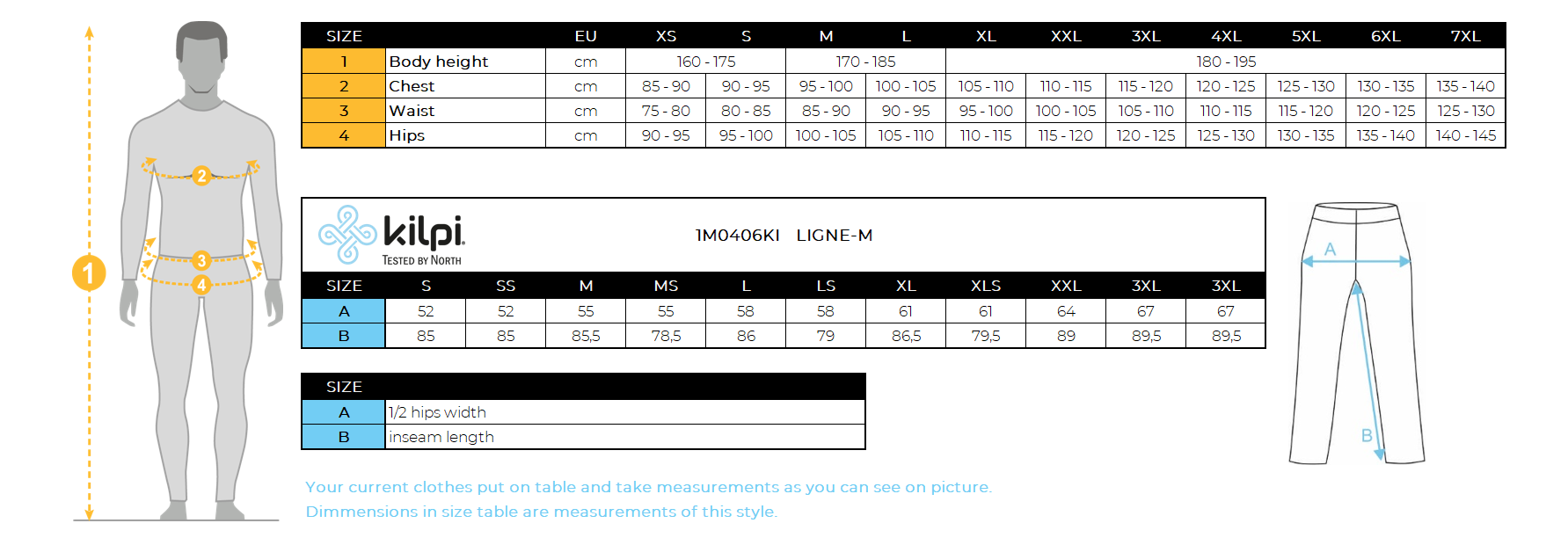UOMOi pantaloni da esterno Kilpi LIGNE-M – Size chart