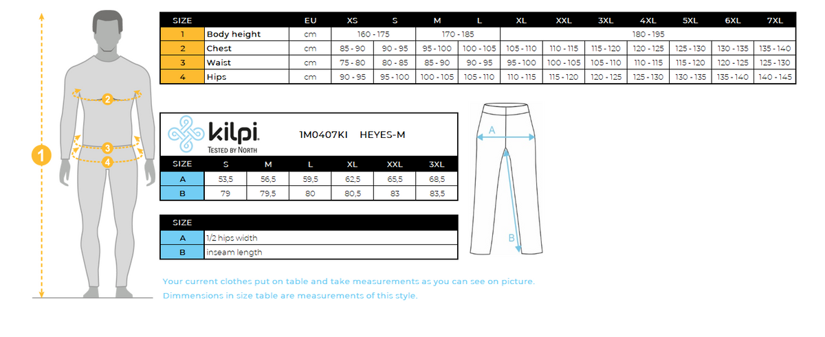 Men's running pants Kilpi HEYES-M – Size chart