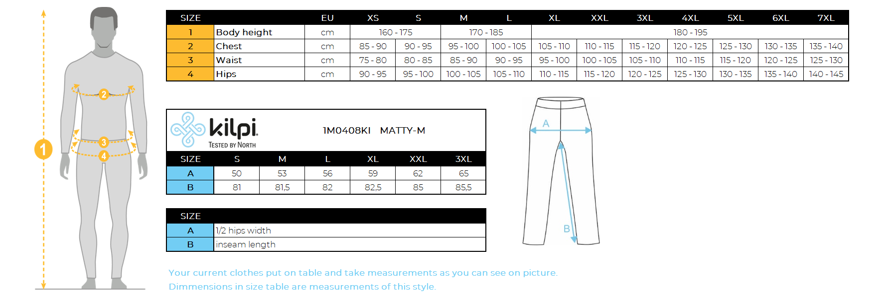Men's sports cotton sweatpants Kilpi MATTY-M – Size chart