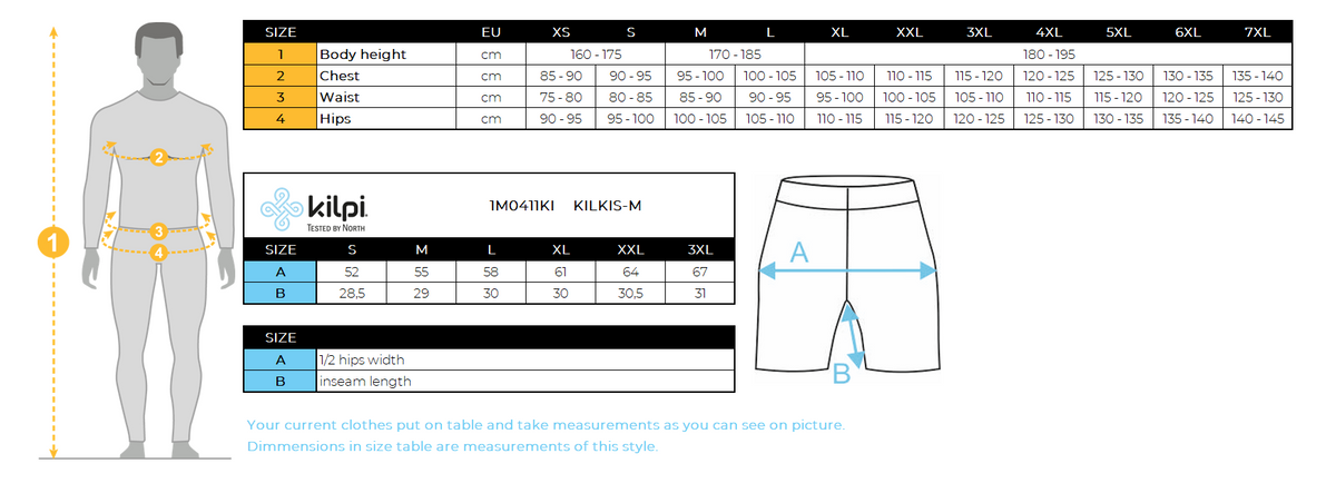 Men's pocket shorts Kilpi KILKIS-M – Size chart