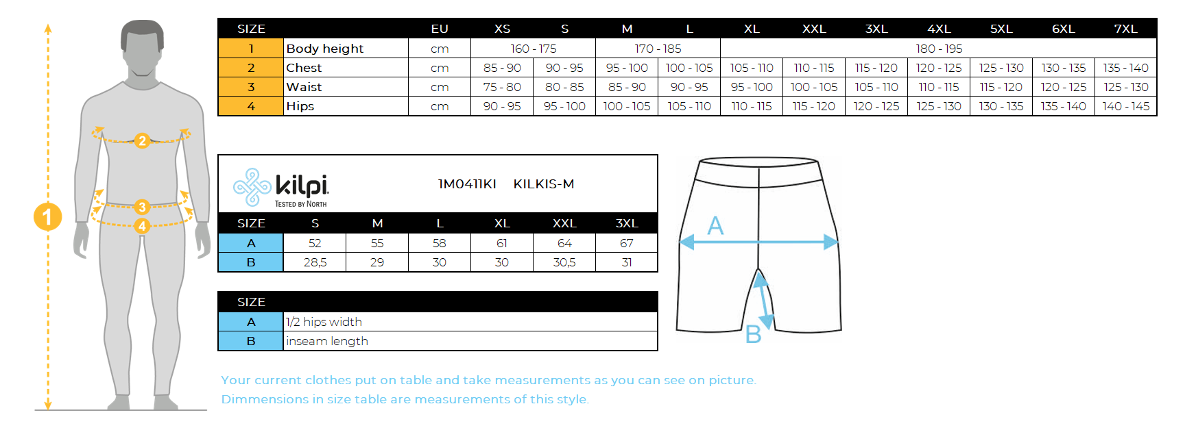 Men's pocket shorts Kilpi KILKIS-M – Size chart