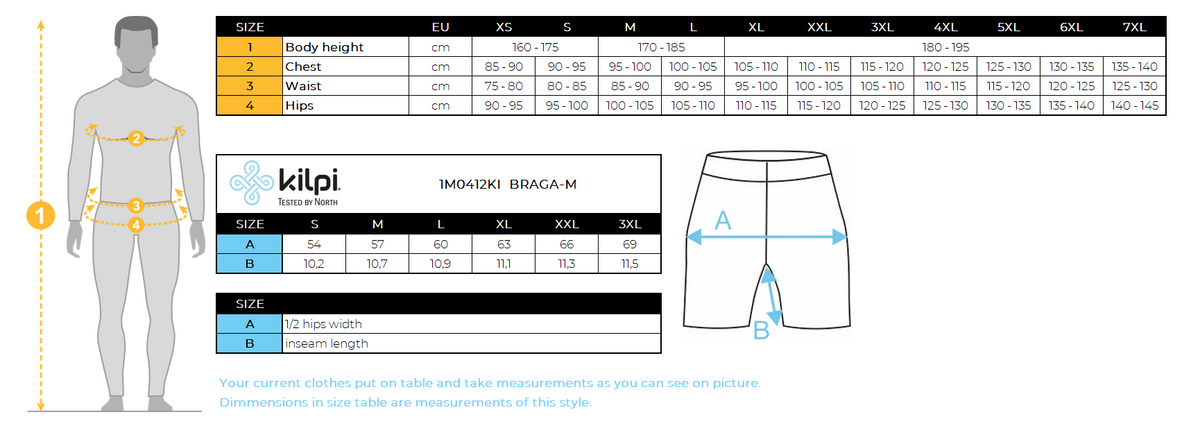 UOMOI pantaloncini da corsa offrono comfort e prestazioni Kilpi BRAGA-M – Size chart