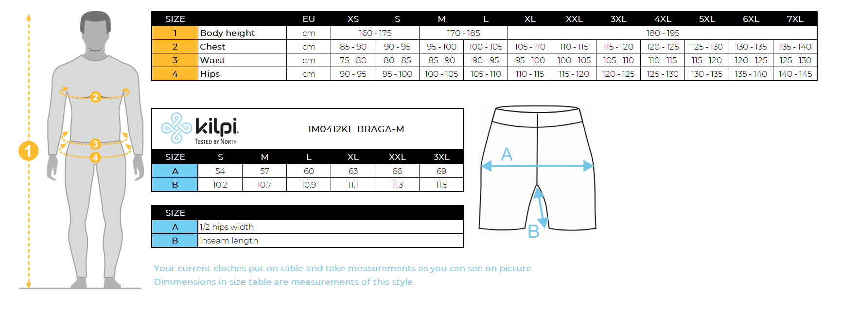 UOMOI pantaloncini da corsa offrono comfort e prestazioni Kilpi BRAGA-M – Size chart
