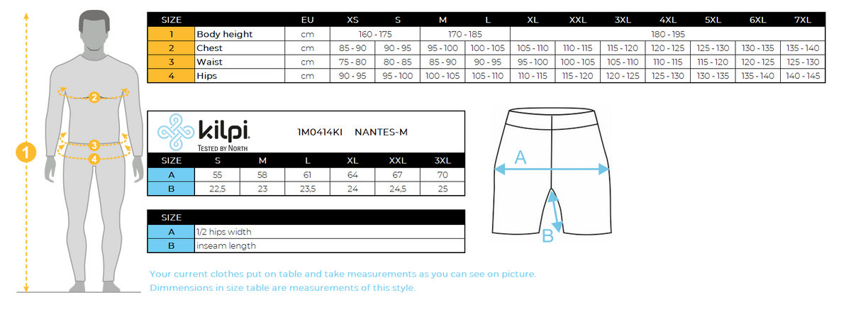 Men's fitness shorts Kilpi NANTES-M – Size chart