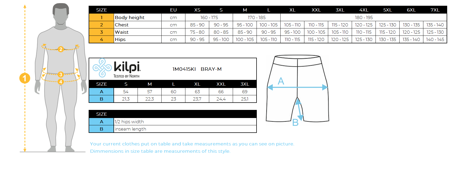 UOMOi pantaloncini fitness di Kilpi BRAY-M – Size chart