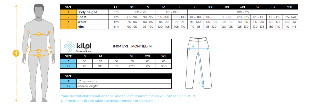 UOMOi pantaloni della tuta di cotone Kilpi MONTIEL-M – Size chart