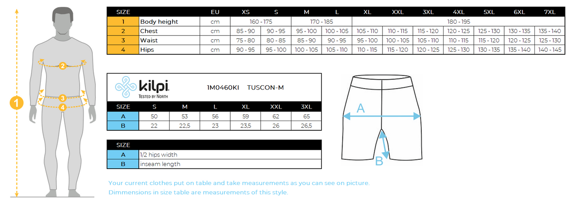 Men's cotton shorts Kilpi TUSCON-M – Size chart