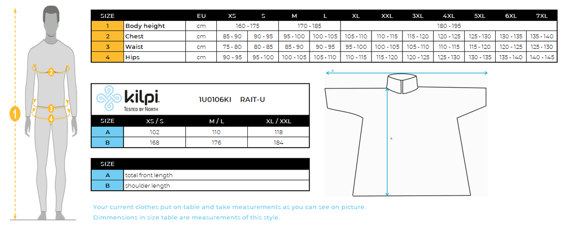 Impermeabile unisex Kilpi RAIT-U – Size chart