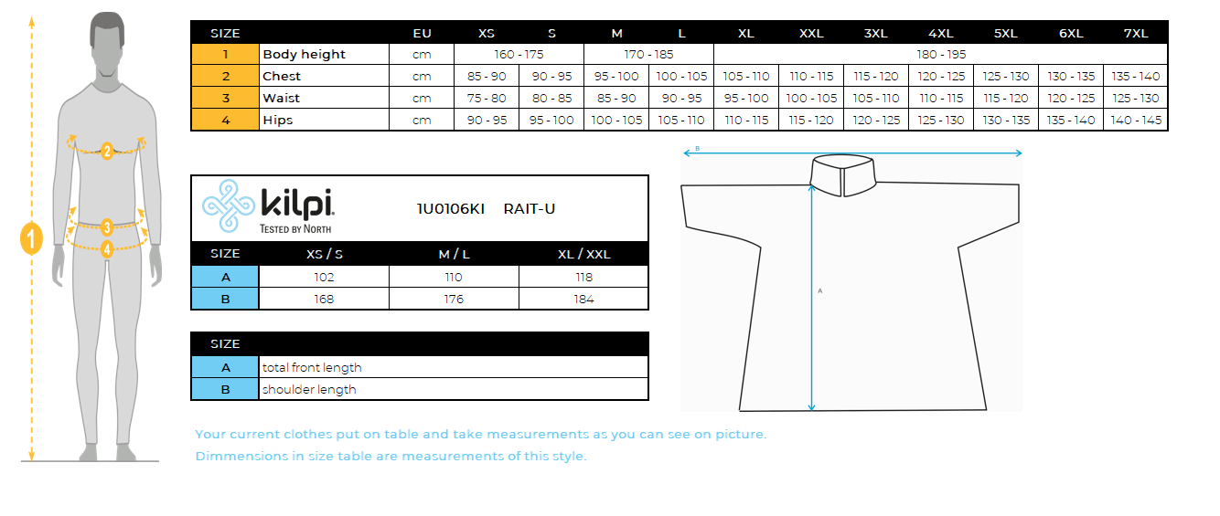Impermeabile unisex Kilpi RAIT-U – Size chart