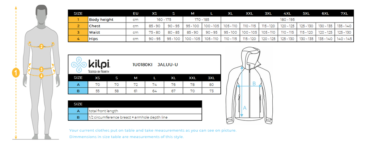 Outdoor waterproof jacket Kilpi JALUU-U – Size chart