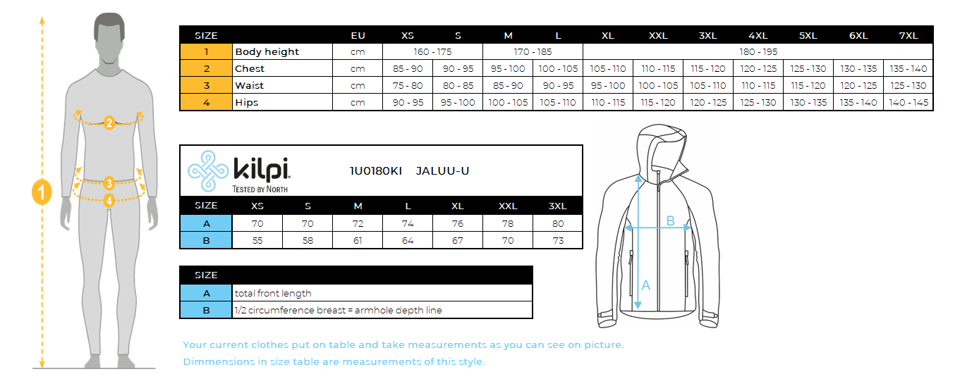 Outdoor waterproof jacket Kilpi JALUU-U – Size chart