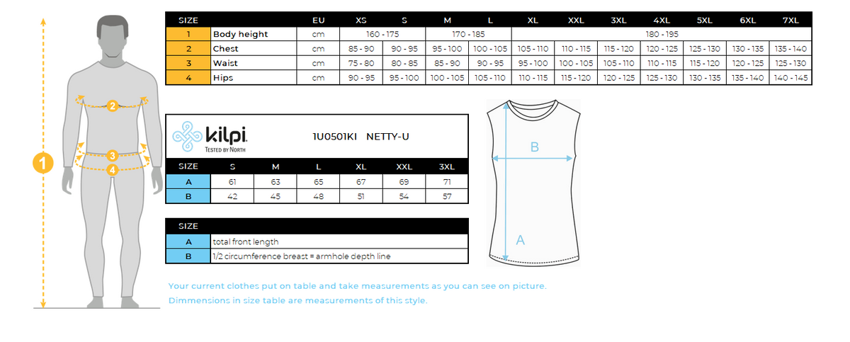 Funzionale tank superiore Kilpi NETTY-U – Size chart