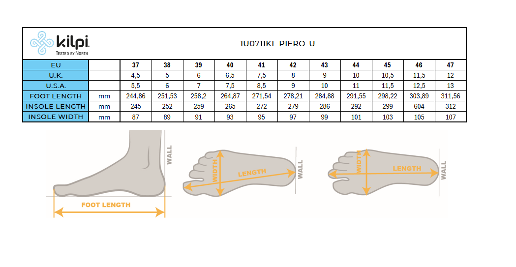 Lifestyle sandals Kilpi PIERO-U – Size chart