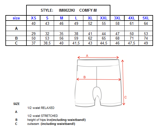 Men´s shorts KILPI COMFY-M – Size chart