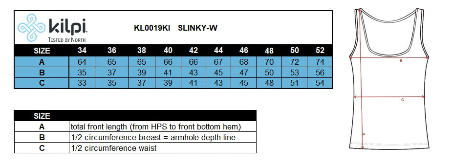 Women's top/tank top Kilpi SLINKY-W – Size chart