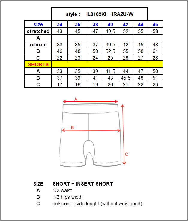 Women's skirt with inner shorts Kilpi IRAZU-W – Size chart