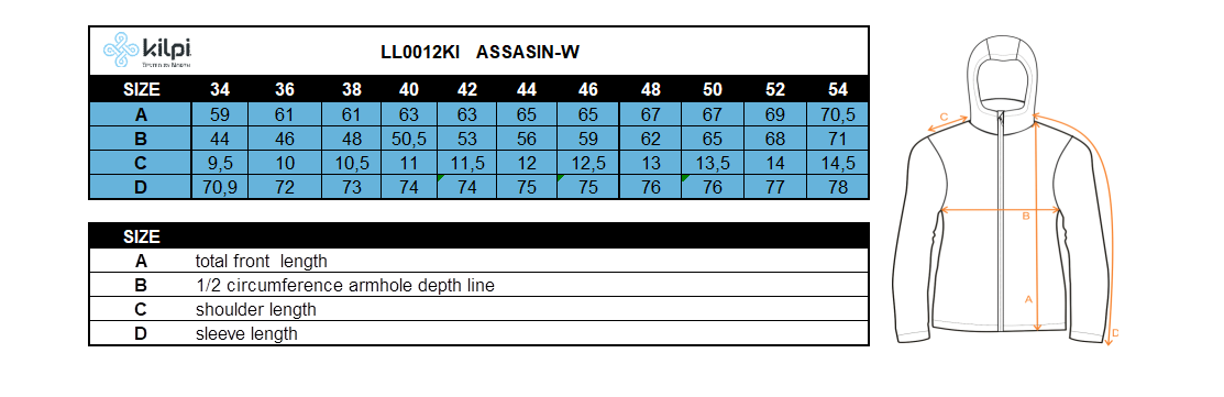 Donna middle layer Kilpi ASSASIN-W – Size chart