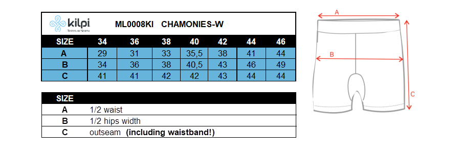 Pantaloncini da corsa da donna Kilpi CHAMONIES-W – Size chart