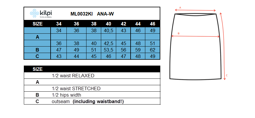 Women´s sports skirt Kilpi ANA-W – Size chart