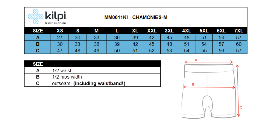 Men´s running shorts Kilpi CHAMONIES-M – Size chart
