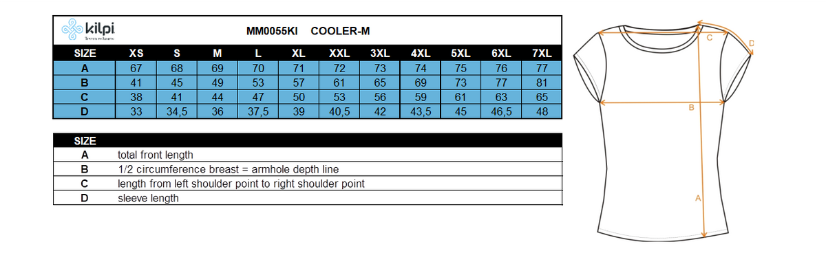 Men´s running T-shirt Kilpi COOLER-M – Size chart