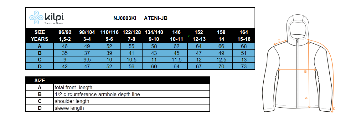 Giacca da sci per bambini KILPI ATENI-JB – Size chart