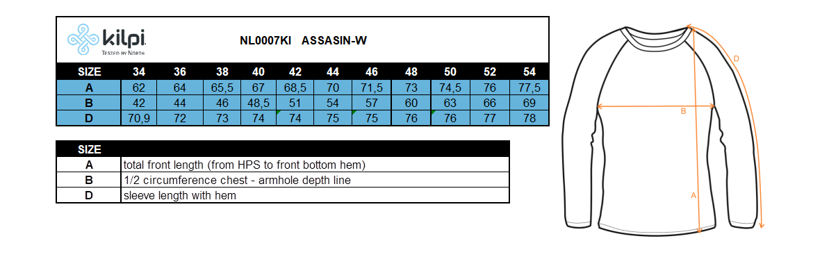 Women's middle layer KILPI ASSASIN-W – Size chart